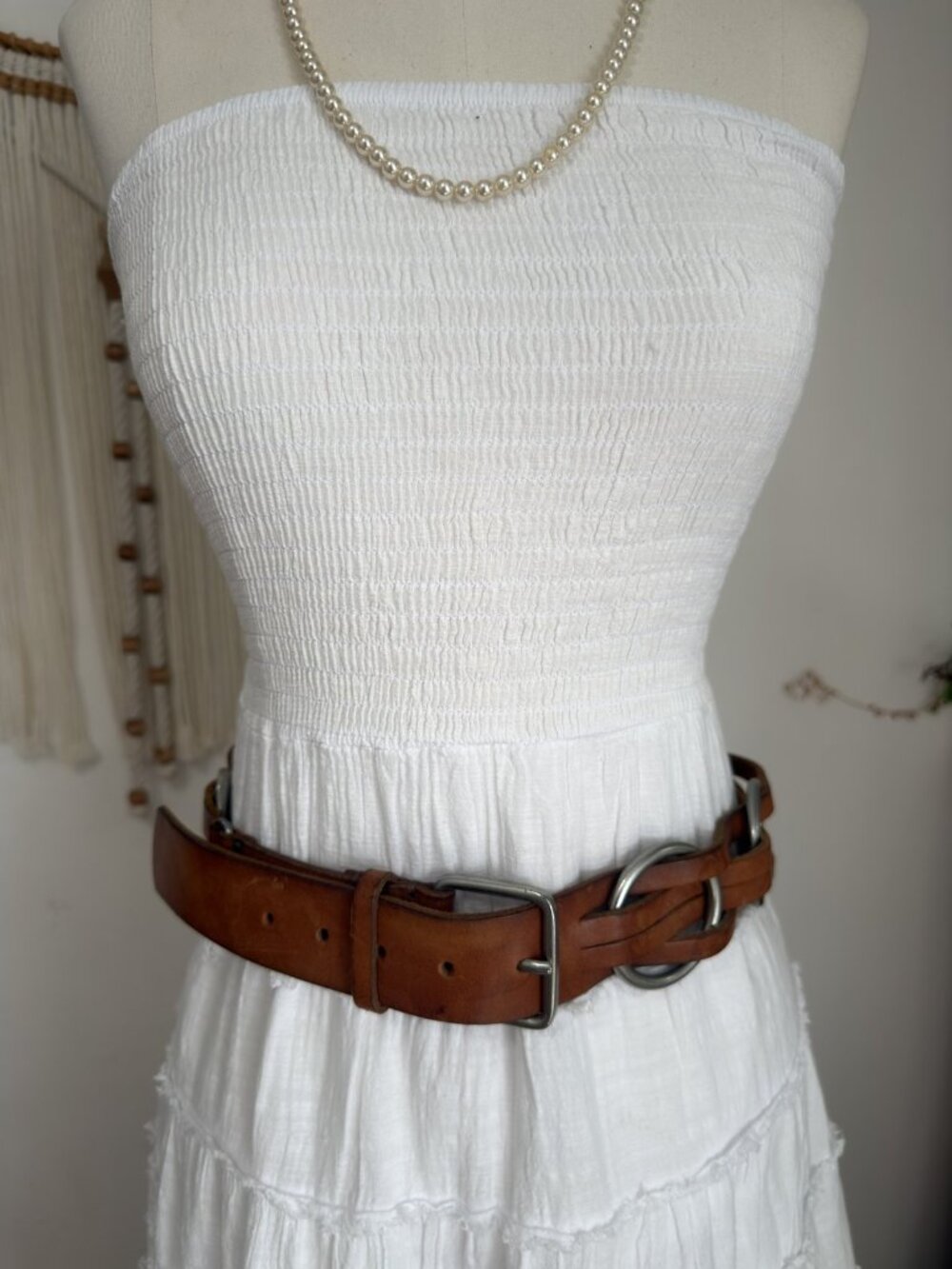 Lauren Ralph Lauren Cognac Leather Woven Ring Belt Silver Buckle Size M